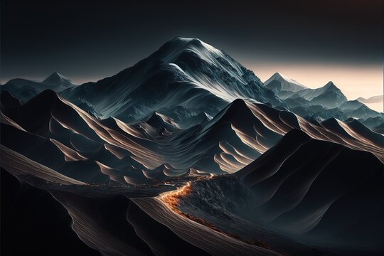  A Computer Generated Image Of A Mountain Range With A Road Running Through It And A Sky Background With A Red Light.