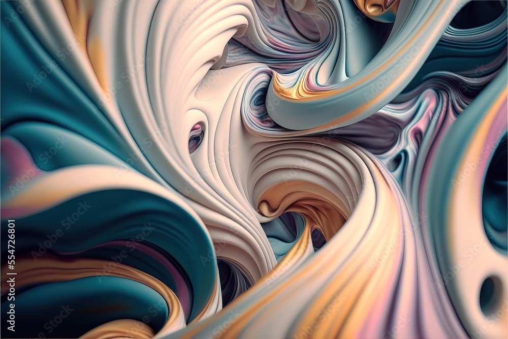 Poster a computer generated image of a colorful pattern of wavy lines and curves in blue. generative ai