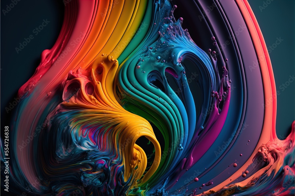 Poster a multicolored abstract painting with water droplets and a rainbow swirl on the bottom of the image 