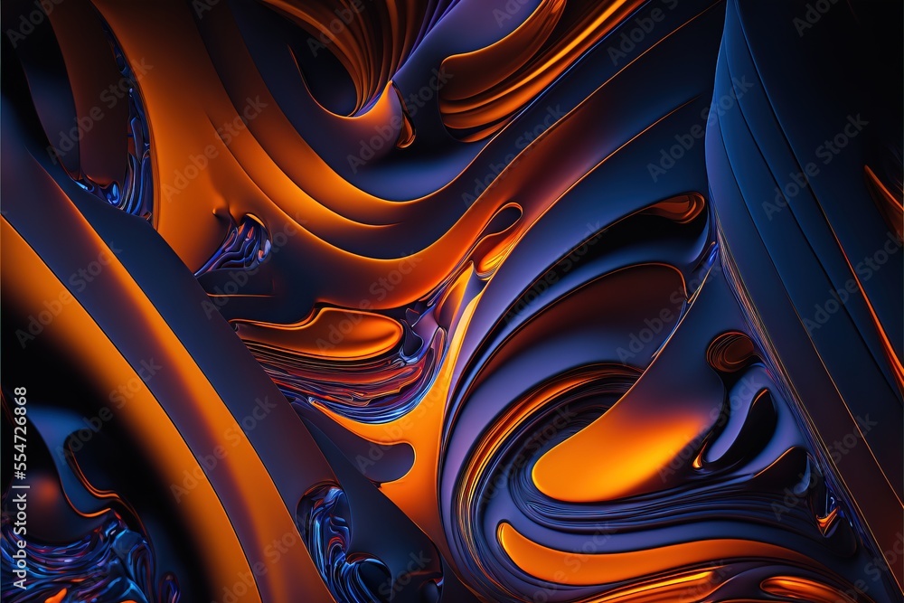 Poster a computer generated image of a blue and orange swirl pattern with a black background and a black ba