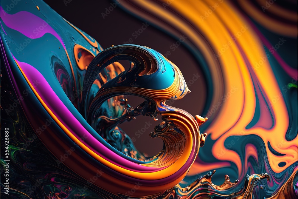 Poster a colorful abstract painting with a swirly design on it's side and a black background with a white b