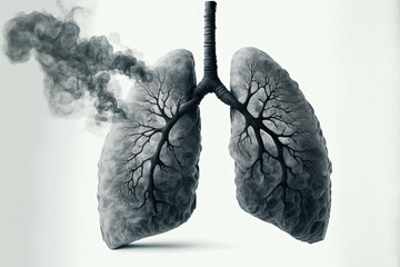 Lungs with black smoke on white background. No tobacco day. Concept design. Generative AI