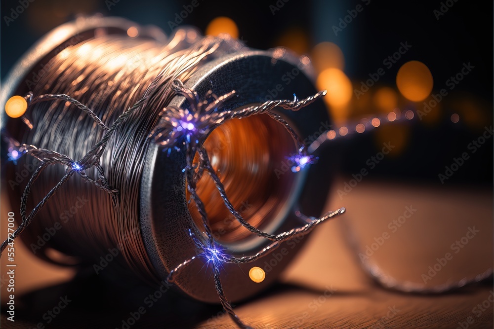 Poster a spool of wire with lights on it on a table with a blurry background of lights and a string of wire