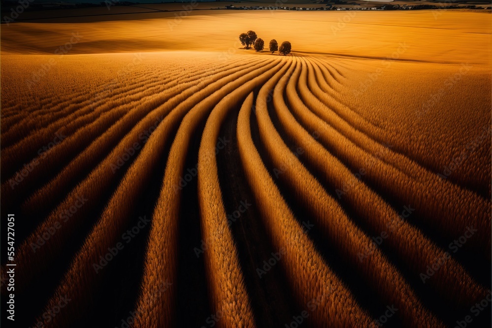 Poster a field with a line of trees in the distance and a sunset in the background with a sky that is yello