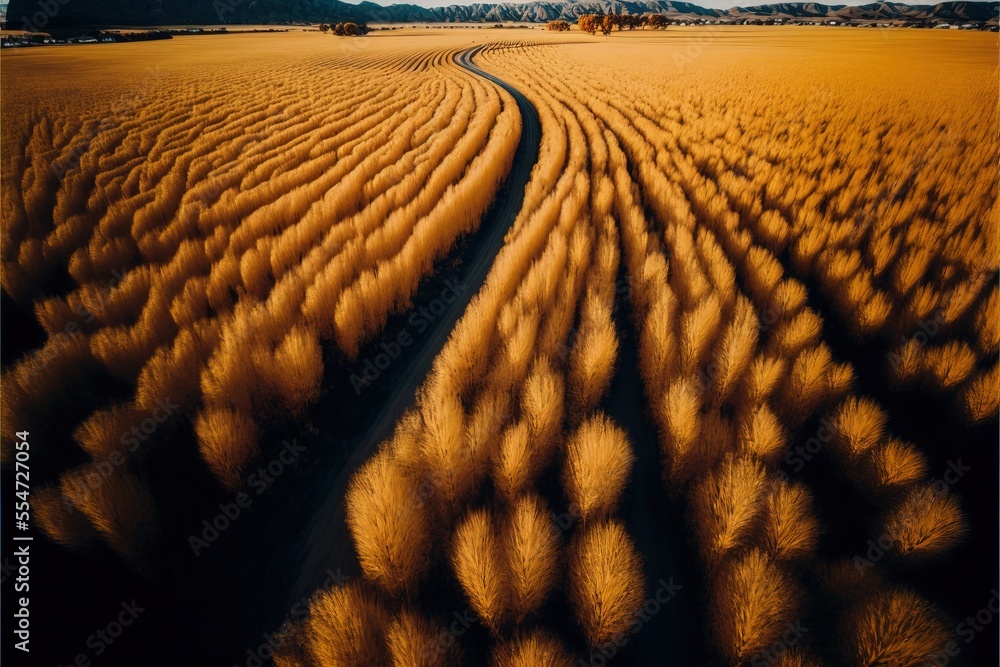 Poster a field of grass with a sky background and a line of trees in the middle of the field with a sky bac