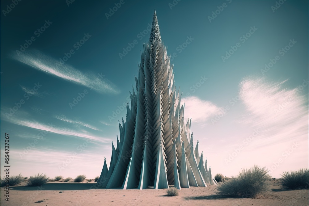 Poster a tall building with a very tall spire in the middle of it's desert area with a sky background. gene