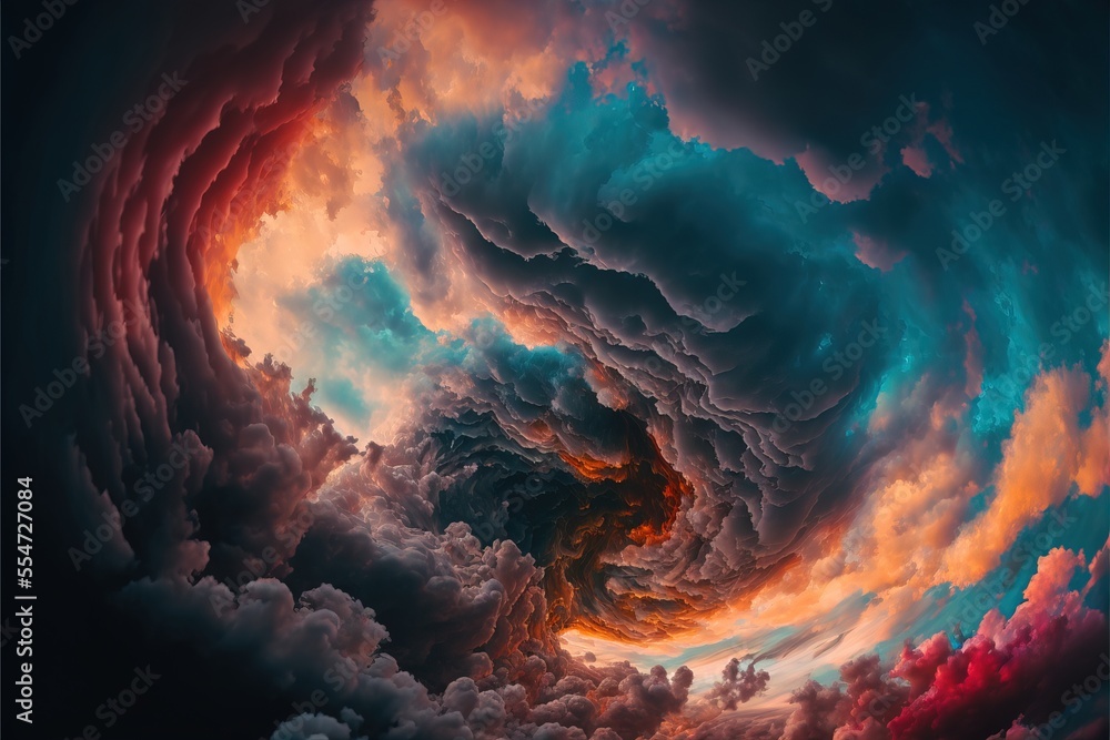 Poster a colorful swirl of clouds in the sky with a blue and red center and a red center and a black center