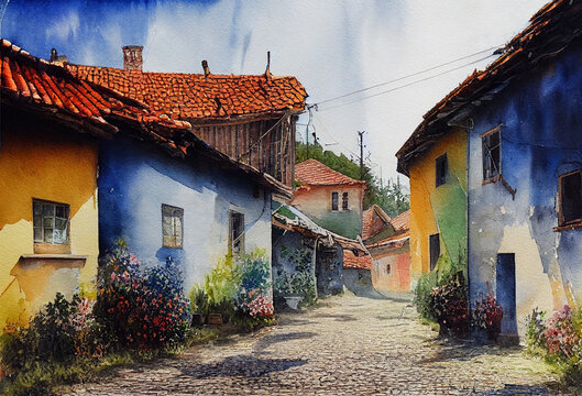 street in the old town watercolor painted