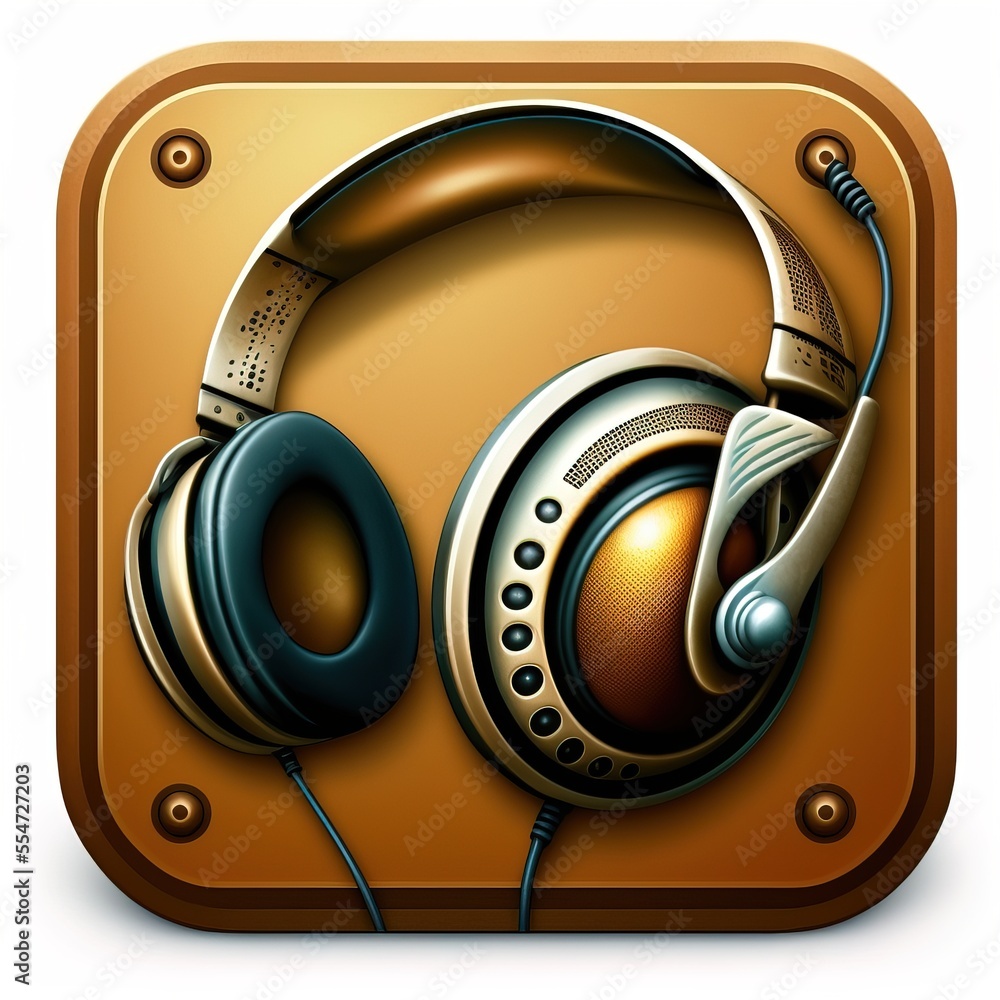 Poster a pair of headphones sitting on top of a brown square button with a cord in it's ear. generative ai
