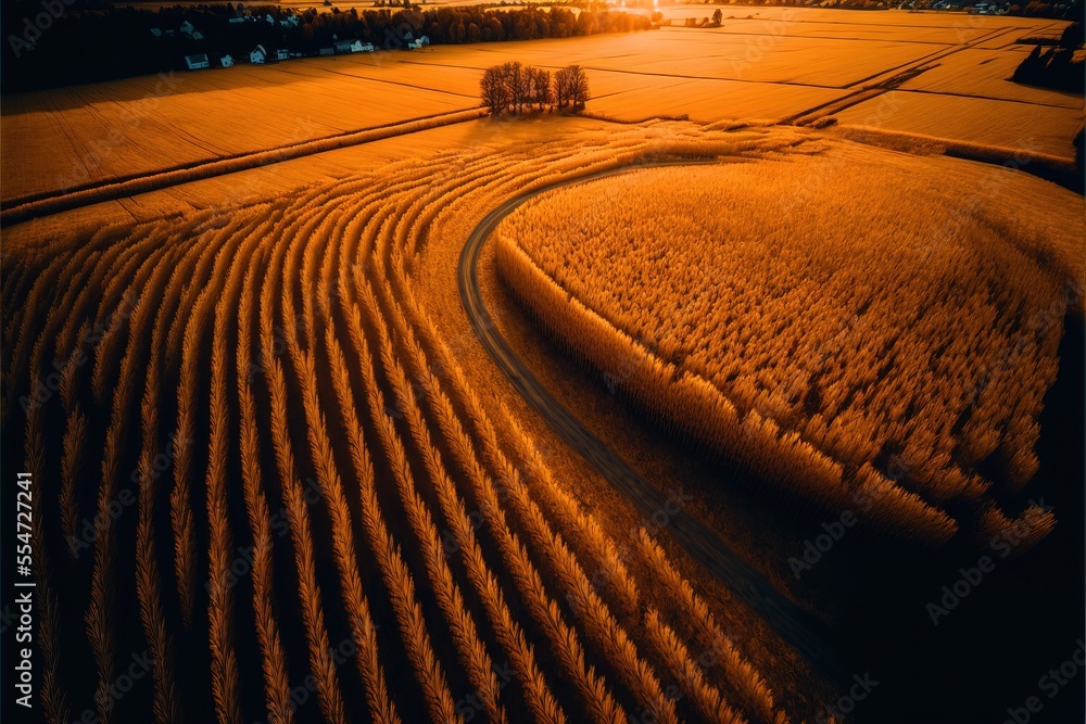 Poster a field with a tractor track in the middle of it and a sunset in the background with a few clouds. g