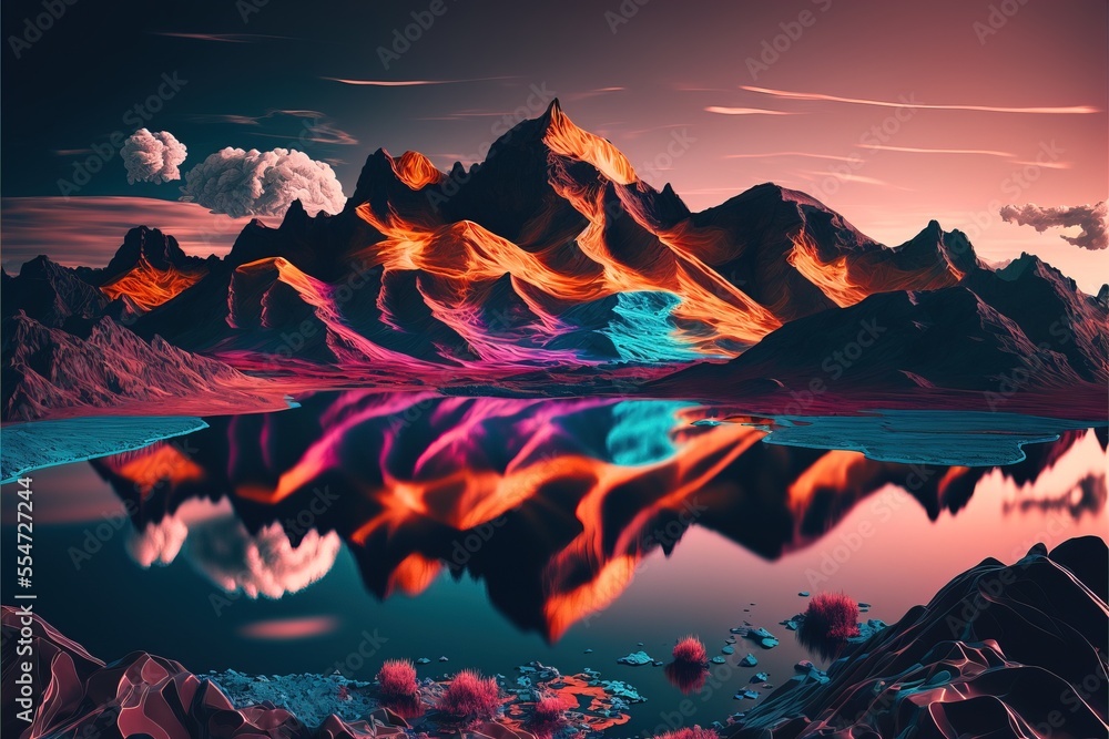 Poster a mountain range with a lake and mountains in the background at sunset or sunrise with a colorful sk
