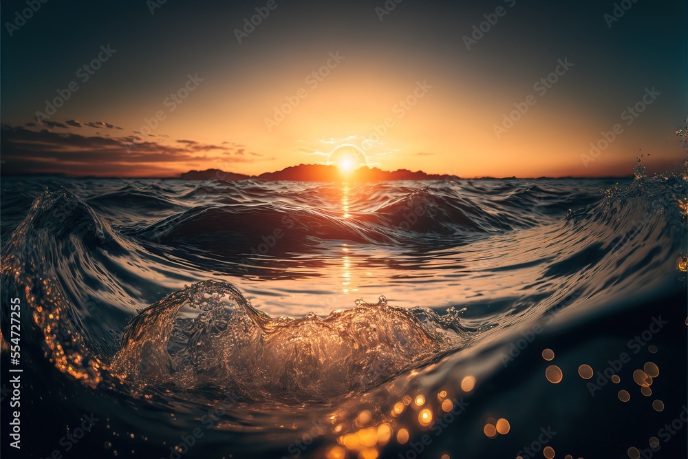 Poster a sunset over the ocean with a wave in the foreground and a sun setting in the background with a sma