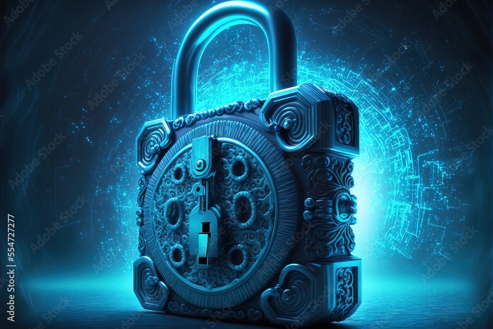 Poster a blue lock with a key on it in a dark room with a blue background and a glowing light. generative a