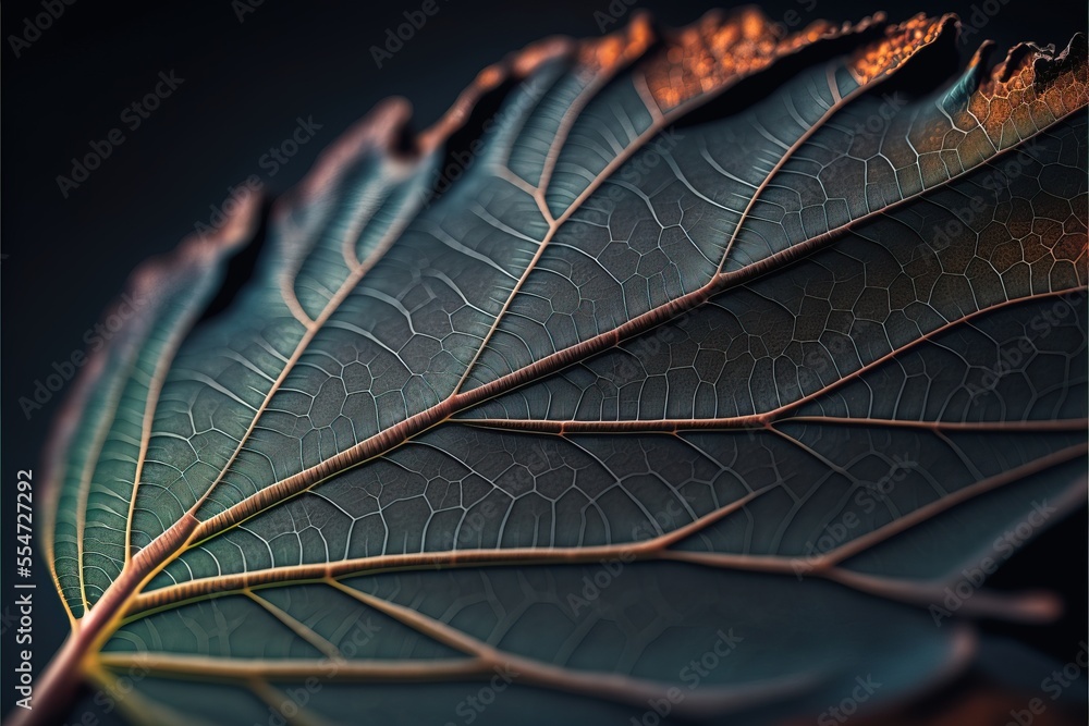 Poster a close up of a leaf with a black background and a light reflection on the leaf's surface. generativ