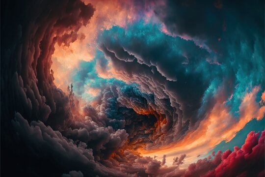  a colorful sky with clouds and a large spiral design in the center of it. generative ai