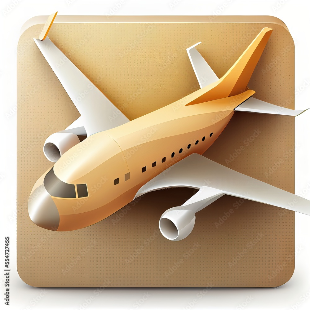Poster a plane is flying over a brown square button with a white outline on it and a yellow background with