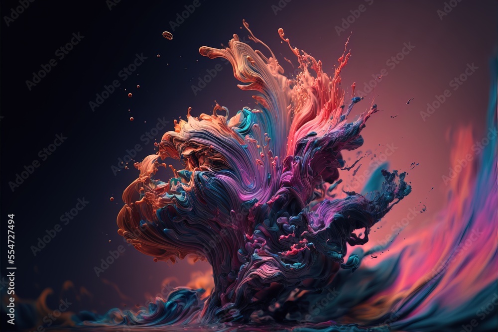 Poster a colorful abstract painting with water and inks on a black background with a blue and pink backgrou