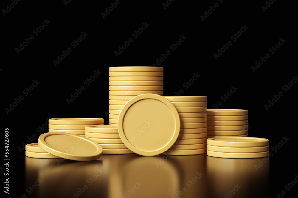 Poster mock-up of golden coin stacks suitable for cryptocurrency and banking projects. high quality 3d rend