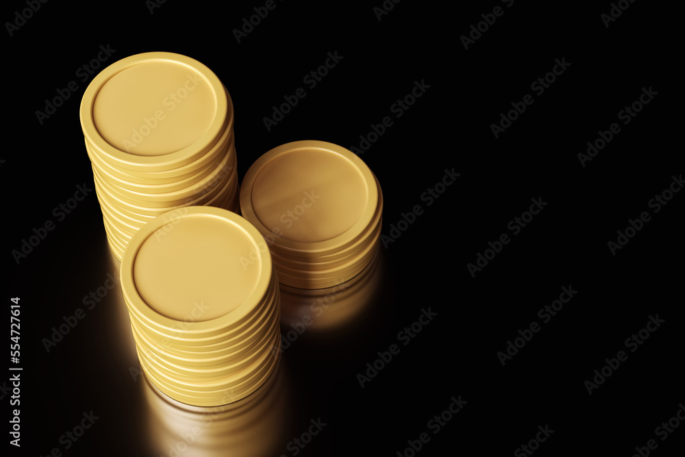 Poster template of 3 golden coin stacks seen from a top view angle. illustration suitable for cryptocurrenc