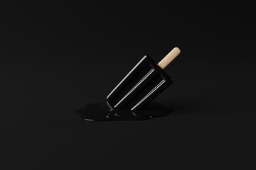 Melted black ice lolly on a pastel background. Concept of summer, vacation. Cooling down on warm days. 3d rendering, 3d illustration.