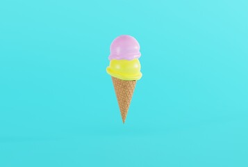 Ice cream in a waffle with ice scoops on a blue background. The concept of eating ice cream, cooling down. 3D render; 3D illustration.