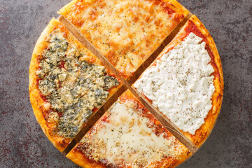 Delicious Italian four cheese pizza with tomato sauce, gorgonzola, ricotta, parmesan and mozzarella...