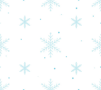 Winter snowflake simple seamless pattern. For textile, wrapping paper, greeting card, wallpaper. Blue snow, white background. Merry Christmas, Happy New Year. Vector illustration.