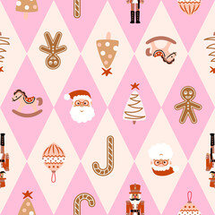 Harlequin Christmas seamless pattern. Cream pink background with Santa, nutcracker and ginger toys.
