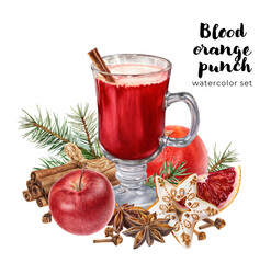 Watercolor illustration of mulled wine composition, blood orange punch fruit isolated on white background. Glass of wine, fruits and spices christmas holidays.