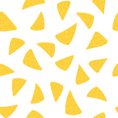 Seamless pattern with tortilla chips in cartoon flat style. Hand drawn vector background with nachos tortillas, mexican food