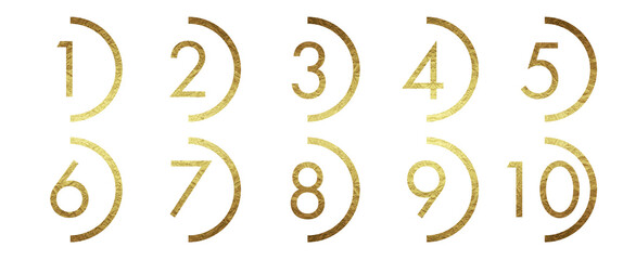 Set of numbers in golden half circle, paint brush smudge, layered, isolated graphic design element made with brushstroke, hand drawn art for backgrounds, frame, watercolor paint, monochrome	