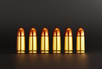 Various bullets in a row set for pistol, rifles. The concept of shooting, using firearms. 3D render, 3D illustration.