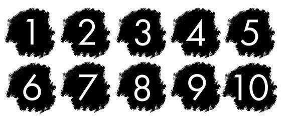 Set of numbers in black smudge mark, paint brush smudge, layered, isolated graphic design element made with brushstroke, hand drawn art for backgrounds, frame, watercolor paint, monochrome	