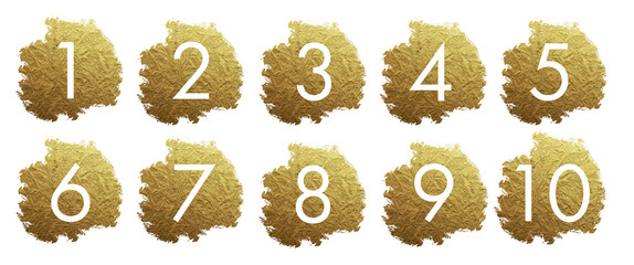 Set of numbers in golden smudge mark, paint brush smudge, layered, isolated graphic design element made with brushstroke, hand drawn art for backgrounds, frame, watercolor paint, monochrome	