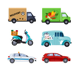 Delivery and Grocery Truck, Scooter, Milk Van, Police and Passenger Car as City Traffic Side View Vector Set