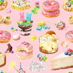 Watercolor seamless pattern with sweet candy desserts pink background. Illustration for textures, wallpapers, fabrics, postcards. 