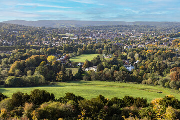 Fototapeta na wymiar View of Dorking taken on Box Hill with Leith Hill in the background