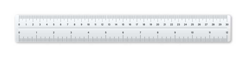 Realistic plastic ruler with measurement scale and divisions, measure marks. School ruler, centimeter and inch scale for length measuring. Office supplies. Vector illustration - obrazy, fototapety, plakaty