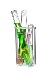 Chemical flasks with multicolor liquid solution isolated on white background