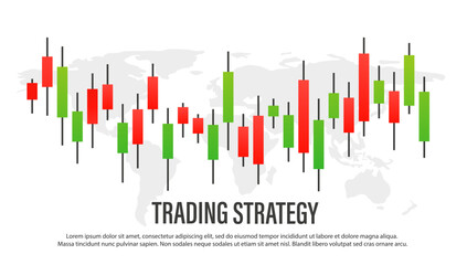 Stock market candlestick chart with world map. Green and red Japanese candlesticks of the investment trading market. Growth point, chart trend. Trading strategy. Vector illustration