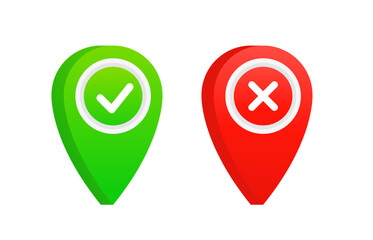 Location tracking position icon with checkmark and cross on white isolated background. Vector illustration