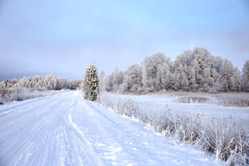 Winter landscape with snowy road and forest covered with hoar frost, selective focus