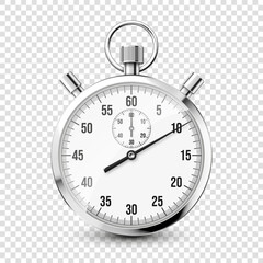 Realistic classic stopwatch icon. Shiny metal chronometer, time counter with dial. Countdown timer showing minutes and seconds. Time measurement for sport, start and finish. Vector illustration