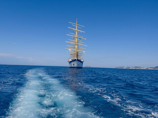 The beautiful sailing ship on the Mediterranean Sea.
