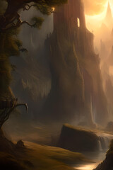 waterfall in the morning, fantasy landscape wallpaper for smartphone