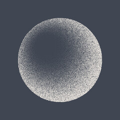 Round shaped dotted object, stipple elements. Fading gradient. Stippling, dotwork drawing, shading using dots. Pixel disintegration, halftone effect. White noise grainy texture. Vector illustration