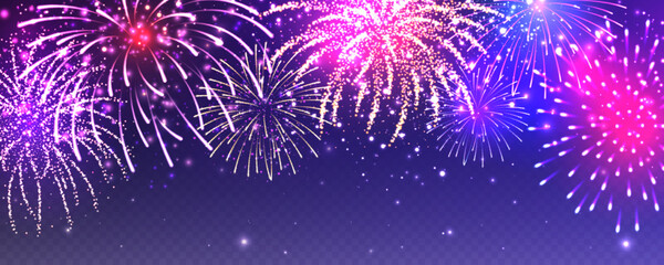 Realistic festive fireworks with transparency effect. Colorful explosion with bright sparks. Christmas or New Year greeting card design element. Diwali festival of lights. Vector illustration
