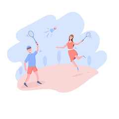 man and woman playing badminton in nature flat vector illustration
