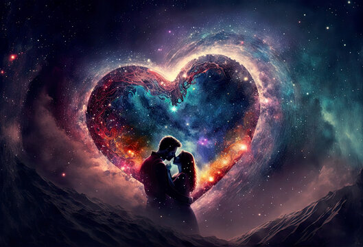 Eternal love, cosmic love, beautiful true love, loving souls in cosmos, romance in all, tender kiss in cosmos, romance, love, spirituality, esoteric, illustration, generated art, ai, generative ai