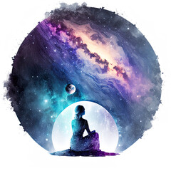 Woman meditates in the universe, female silhouette sitting meditates in cosmos, blue purple green and lights space, on white background, illustration, generated art, ai